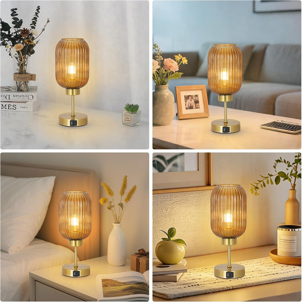 LAMSU Vintage Gold Touch Table Lamp, Small Desk Lamp with Amber Glass Shade, Bulb, Charging Port, Mid Century Modern Bedside Lamp, 3 Way Dimmable Nightstand Lamp for Bedroom Living Room Home Office