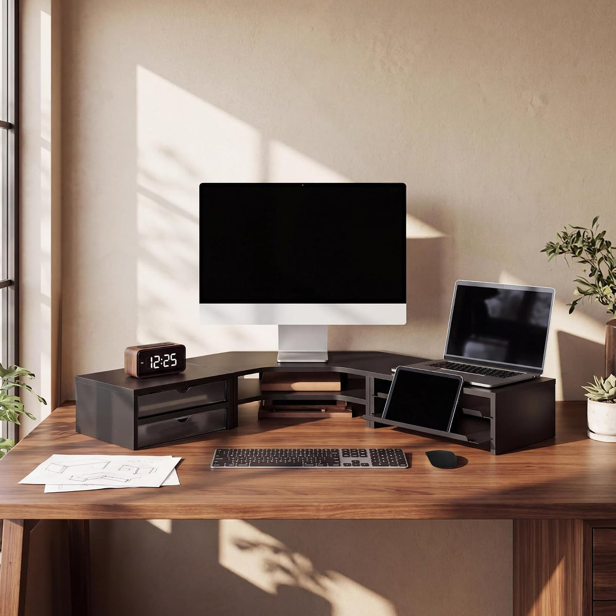 Fenge Dual Monitor Stand, Corner Desk Shelf with Drawer & Slide-Out Tray