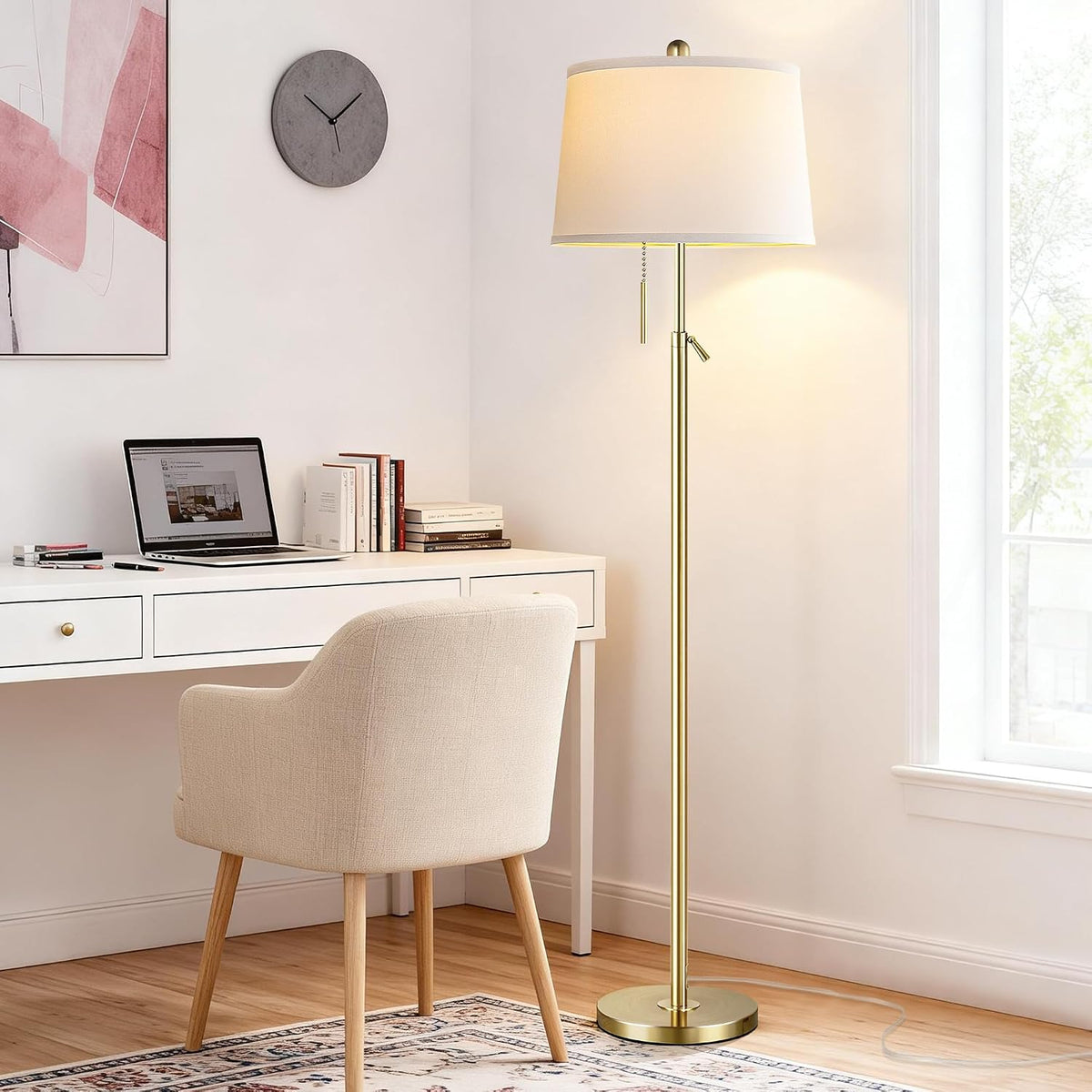 Gold Floor Lamp for Living Room, Modern Standing Lamp 55-67" Height Adjustable Brass Tall Floor Lamp with Pull Chain Switch and 3 CCT LED Blub for Living Room, Bedroom, Office & Corner Reading