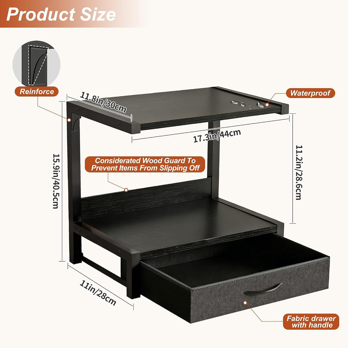 Desktop Printer Stand with Fabric Drawer, Printer Stand for Desk, 2-Tier Desk Shelf Organzier for Home Office, Above and Under Desk, Fax Machine, Scanner, Black