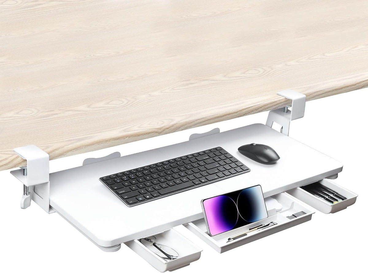 Keyboard Tray Under Desk with Drawer, White, 26.77" X 11.81"