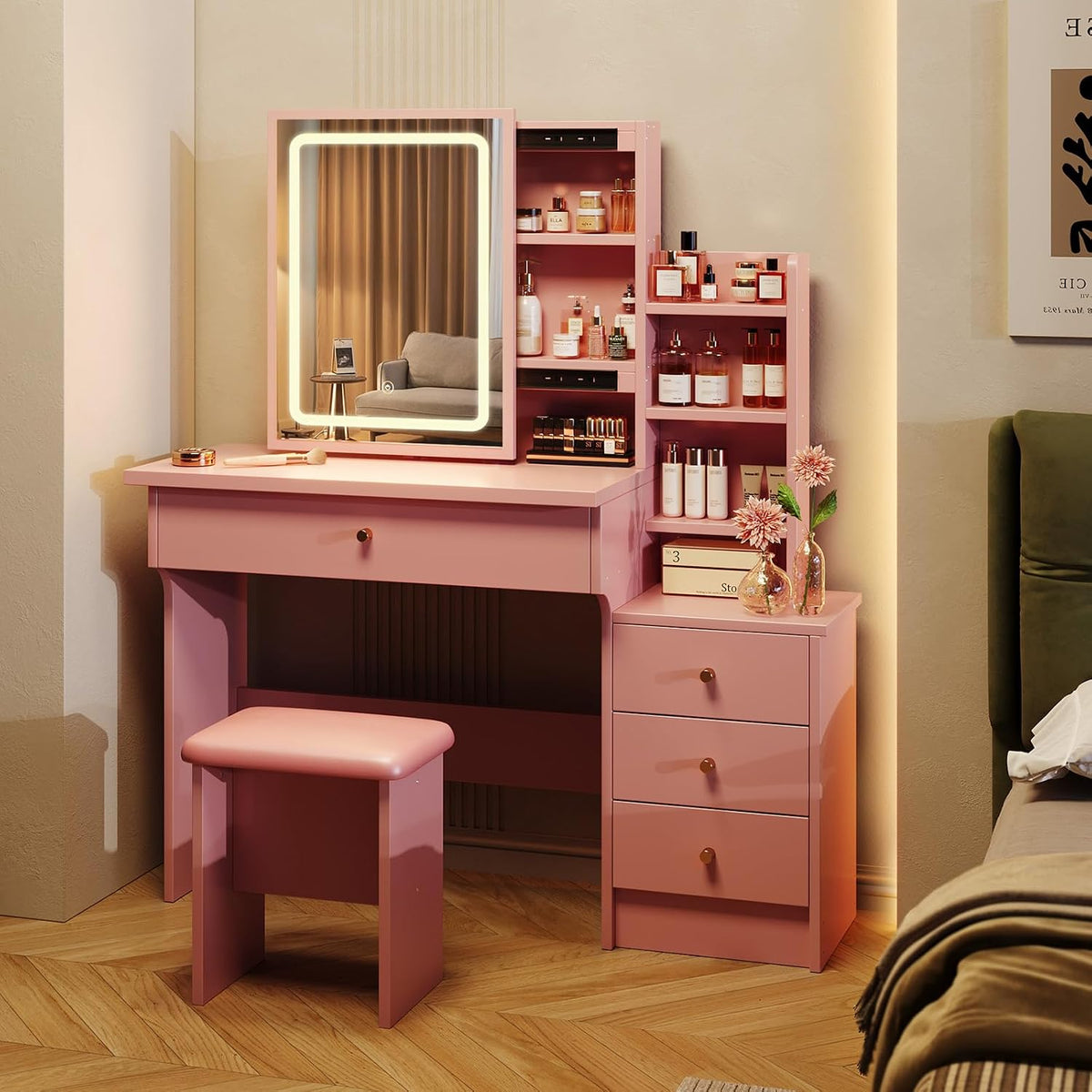 Memobarco Pink Makeup Vanity Desk with Sliding Mirror & 4 Drawers