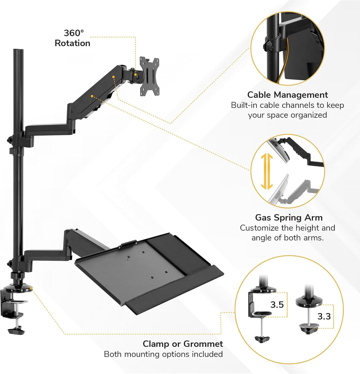 Mount-It! Sit-Stand Monitor Arm Desk Mount with Keyboard Tray, Single Monitor Fits Up to 32”, Height Adjustable Gas Spring, Full Motion Articulating Arm, Clamp or Grommet, Black