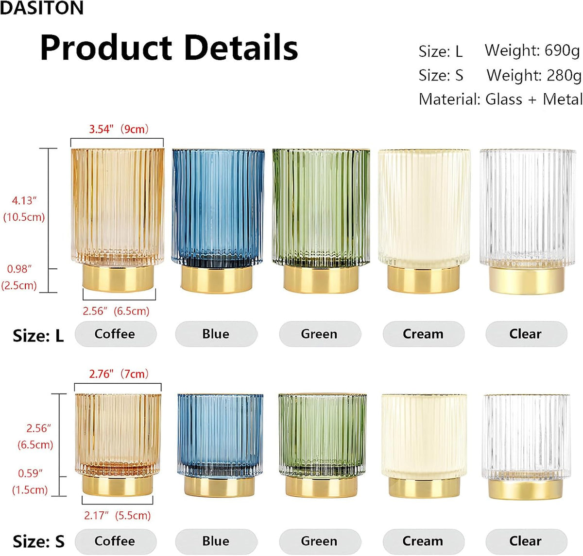 DASITON Makeup Brush holder Organizer, Crystal Cosmetic Makeup Brush Glass Brushes Storage Holder, Vintage Make Up Brush Cup Pen Pencil Holder striped vase(Green S+L)