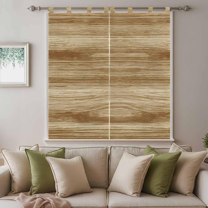 Light Brown Wood Grain Bedroom Curtains 72 Inch Length, Window Curtains Tab Top