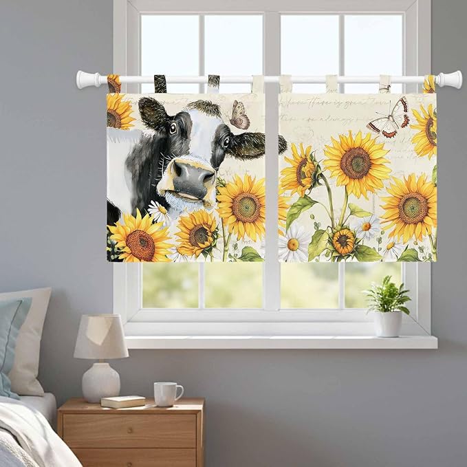 Yellow Sunflowers Kitchen Curtains 24 Inch Length, Small Window Curtains Tab Top