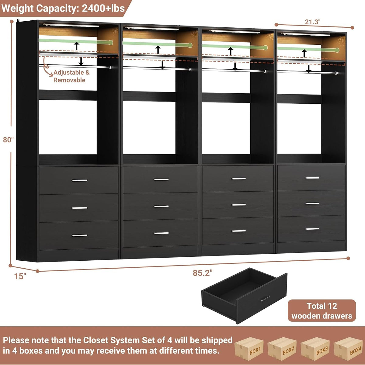 Besiost Freestanding Closet Systems with 4 Motion Sensor LED Lights, 4 Set