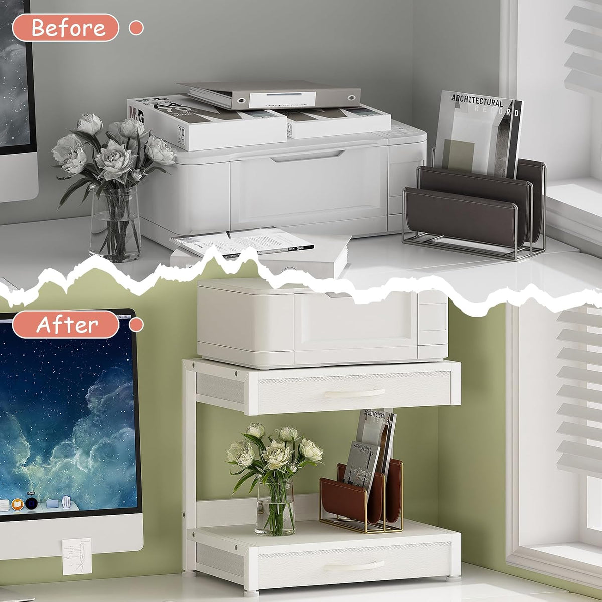 VENNQD 2-Tier Desktop Printer Stand with 2 Fabric Drawers, Prtiner Table with Storage Shelf, Desk Organizer for Home Office,3D Printer,Fax Machine,Scanner (White, 2 Tier)