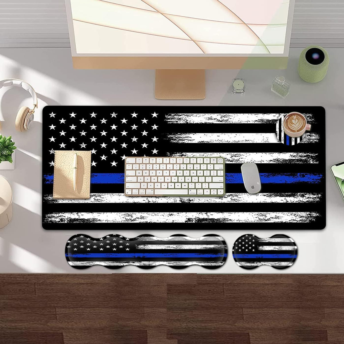Large Gaming Mouse Pad with Stitched Edges, Extended XXL Mousepad, Office Desk Pad Writing Pad, 31.5 x 11.8 in,Ergonomic Memory Foam Keyboard Wrist Rest Support,Retro Blue Line American Flag Desk Mat