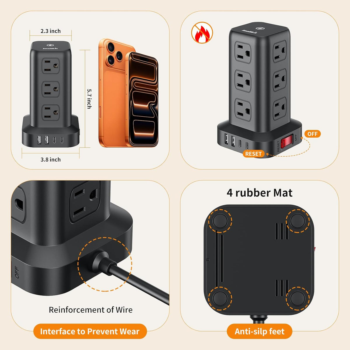 Extension Cord with Multiple Outlets, SMALLRT Power Strip Tower, Outlet Extender with 12 AC Outlets 4 USB, 6.5FT Extension Cord for Home Dorm Room, Office Supplies, Overload Protection