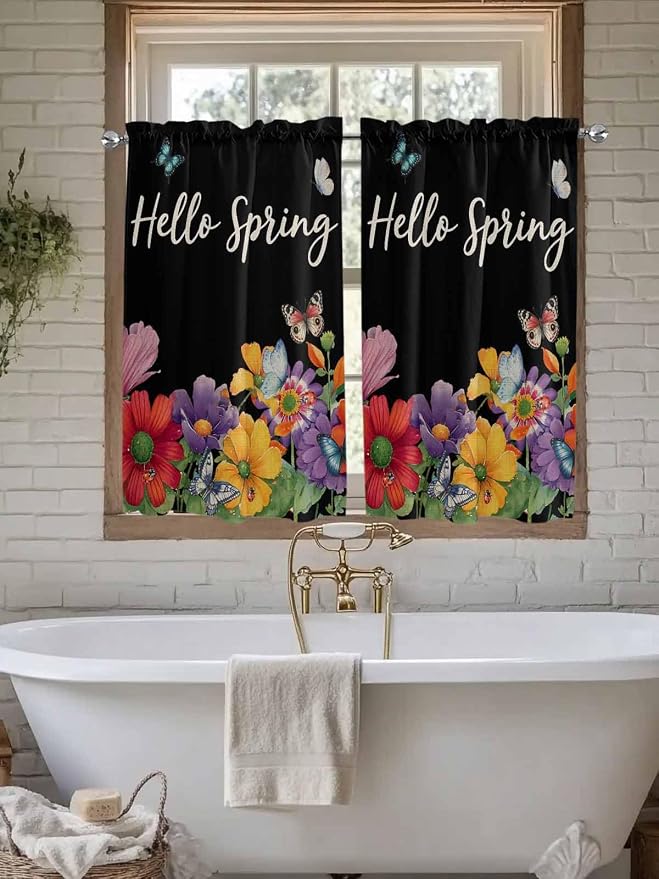 Spring Flowers Kitchen Curtains 54 Inches Length, Watercolor Country Colorful