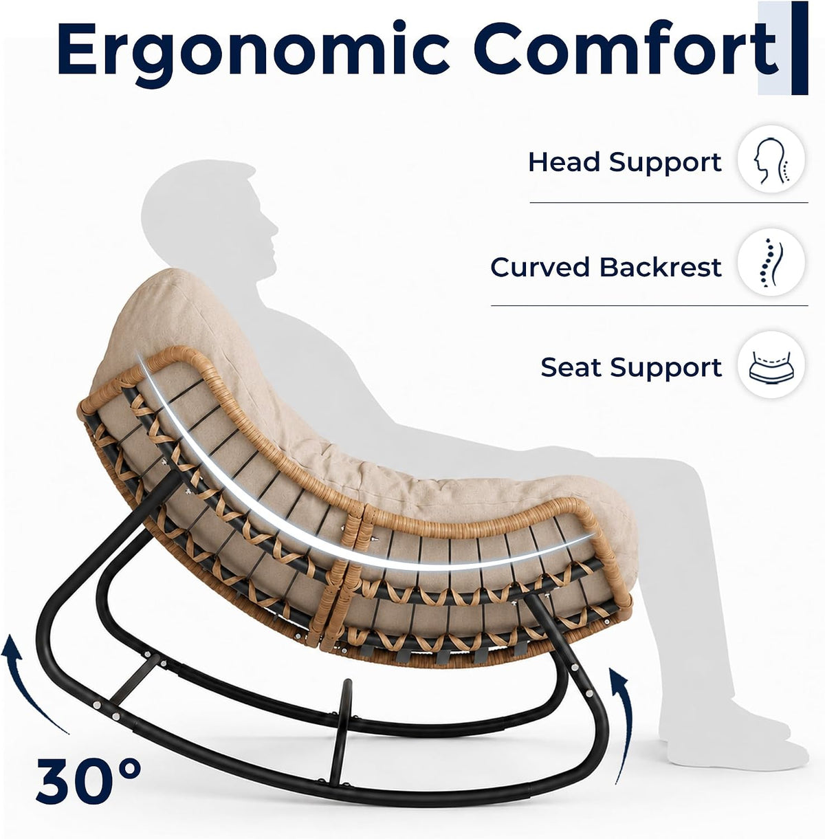 SWITTE Papasan Rocking Chair, Outdoor Wicker Egg Rocker with Cushion, Ivory
