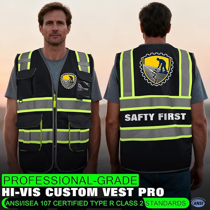 BeautyWill Safety Vest Class2 ANSI Certified Custom Logo High Visibility Reflective Vest for Men -10 Pockets Personalized Logo Heavy-Duty Work Vest(Mesh Black,4XL)