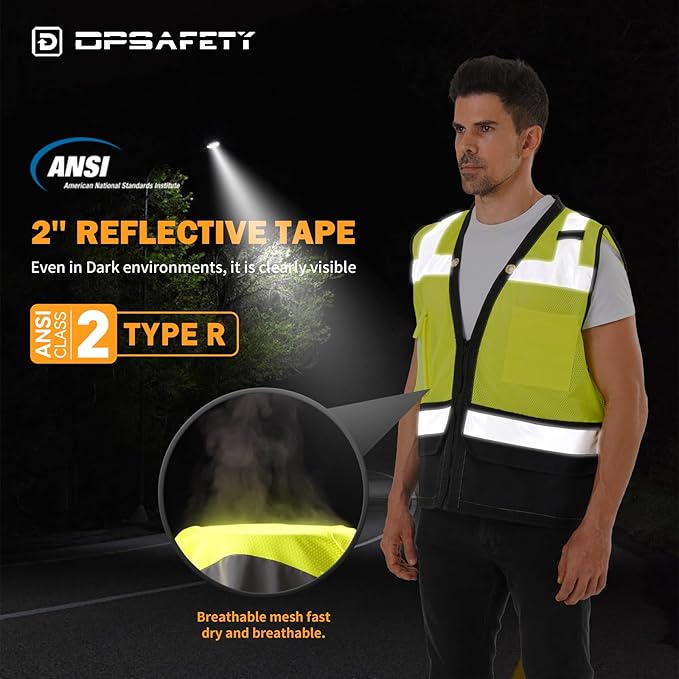 Reflective Safety vest With back plan pocket,High visibility Class 2 Heavy Duty Surveyor Vest with Zipper,Hi Vis Construction Work Vest for Men&Women ANSI/ISEA(Yellow-Bottom,5XL)