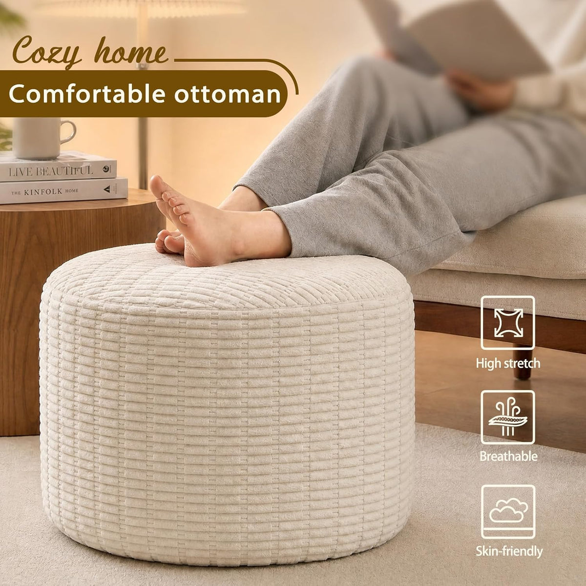 Round Corduroy Footstool Pouf for Couch