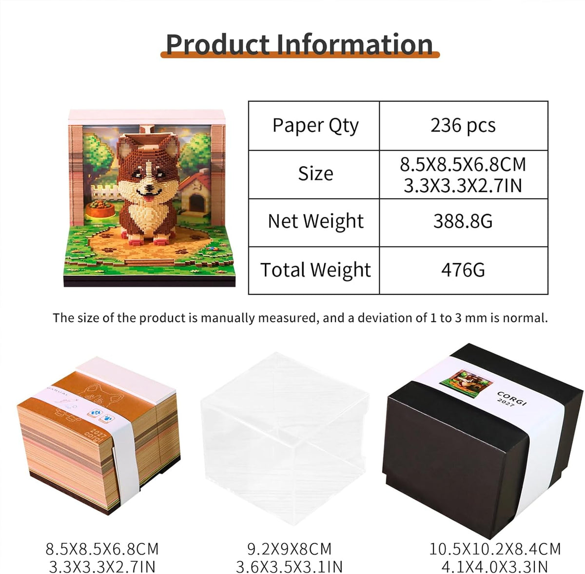 3D Calendar 2027, Desk Time Piece Calendar 2027,Tear-Away 3D Paper Art Notepad w LED Lights,Creative 3D Memo Artsy Pad Calendars, DIY Paper Carving Gift (Corgi)