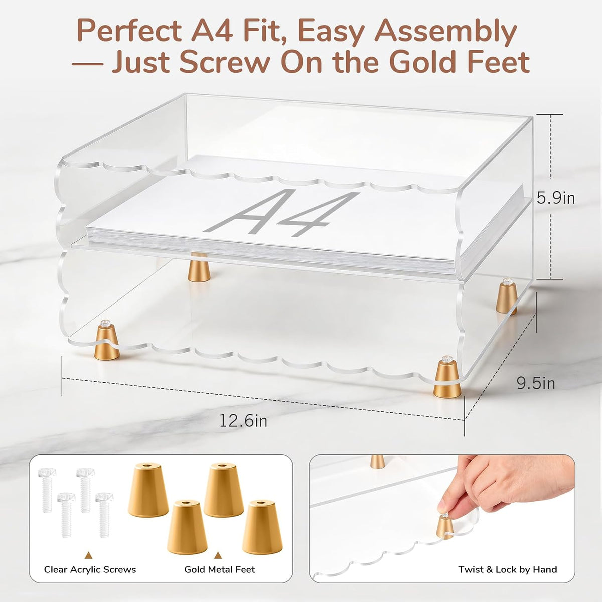 2+1 Tier Paper Letter Tray,Acrylic Desk Organizer with Scalloped Edge& Gold Metal Feet,Top Display Design,Space Saving Clear Organizer for Women, A4 File, Letter, Books,Notes,Home & Office