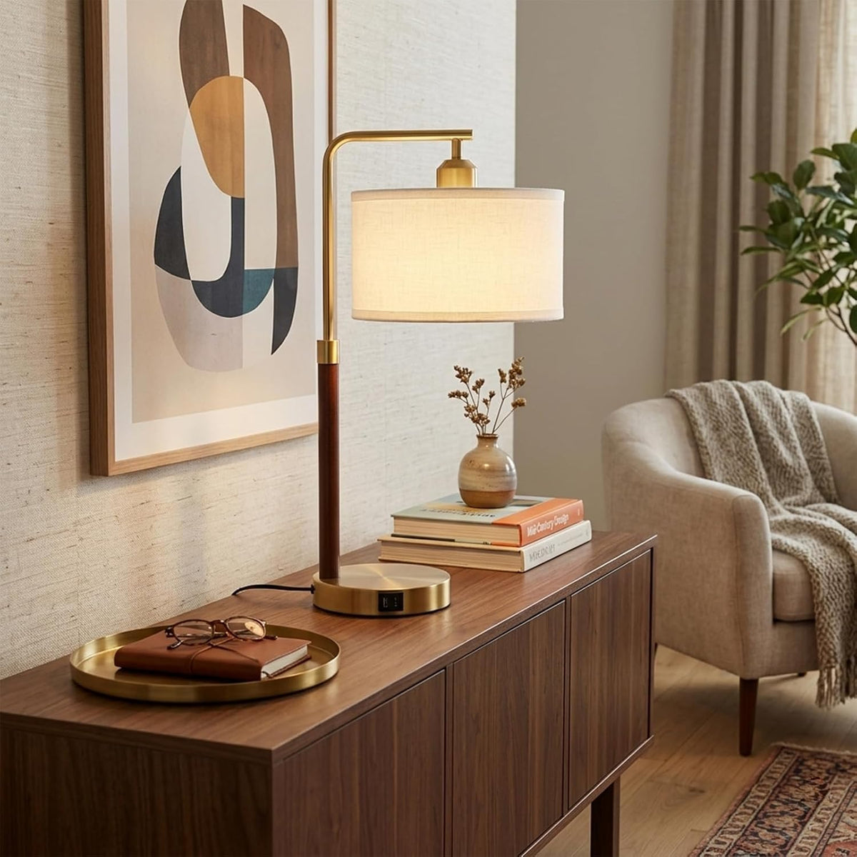 LAMSU Touch Lamp for Nightstand, Mid Century Table Lamp with Bulb, Solid Wood Pole, Dimmable Bedside Lamp with USB Charging Ports, Modern Gold Tall Desk Lamps for Bedroom Living Room Office