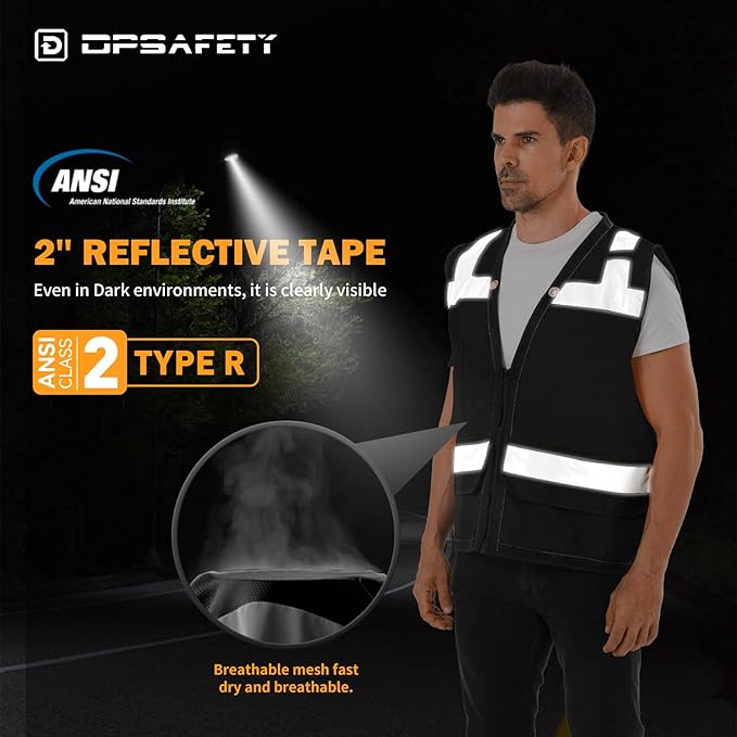 Reflective Safety vest With back plan pocket,High visibility Class 2 Heavy Duty Surveyor Vest with Zipper,Hi Vis Vest ANSI/ISEA Standard, Construction Work Vest for Men&Women(Black,XL)