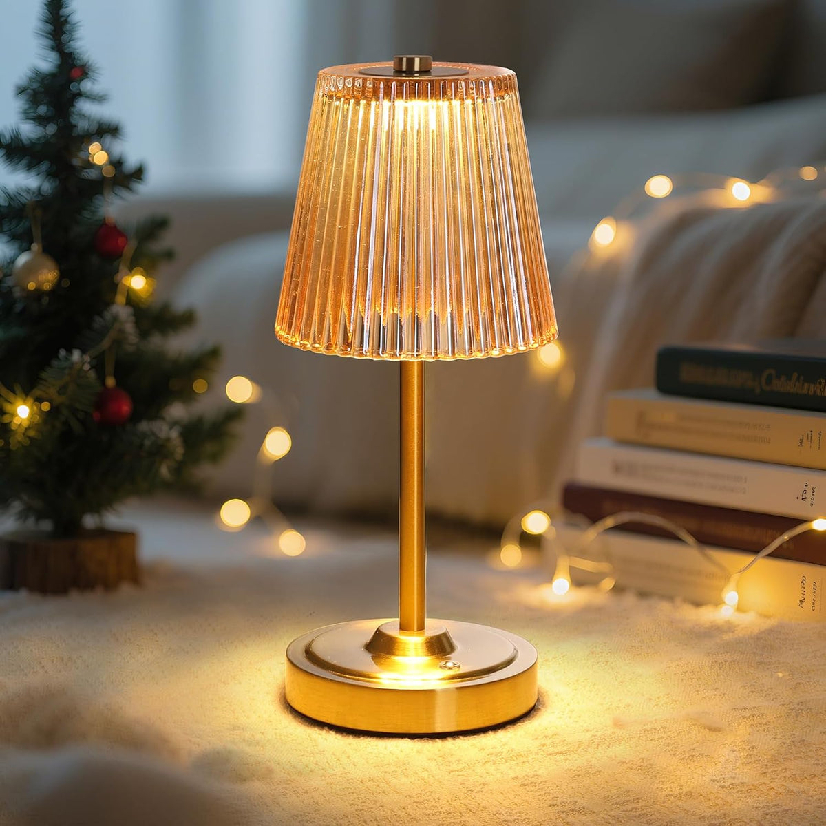 Shenmoyl Cordless Touch Table Lamp with 5200mAh Battery - 3 Adjustable Color Temperatures & Dimmable, Rechargeable Desk Lamp for Bedroom, Living Room, Office, Entryway, Bookshelves (Amber Stripe)