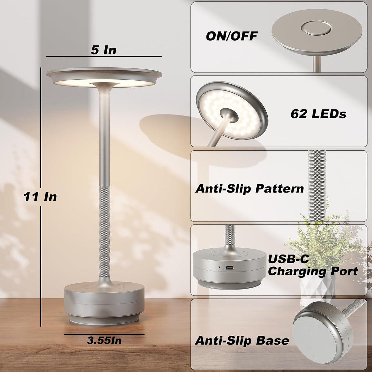 TBBGA 1 Pack Rechargeable Cordless Table Lamp, 5000mAh Battery Table Light