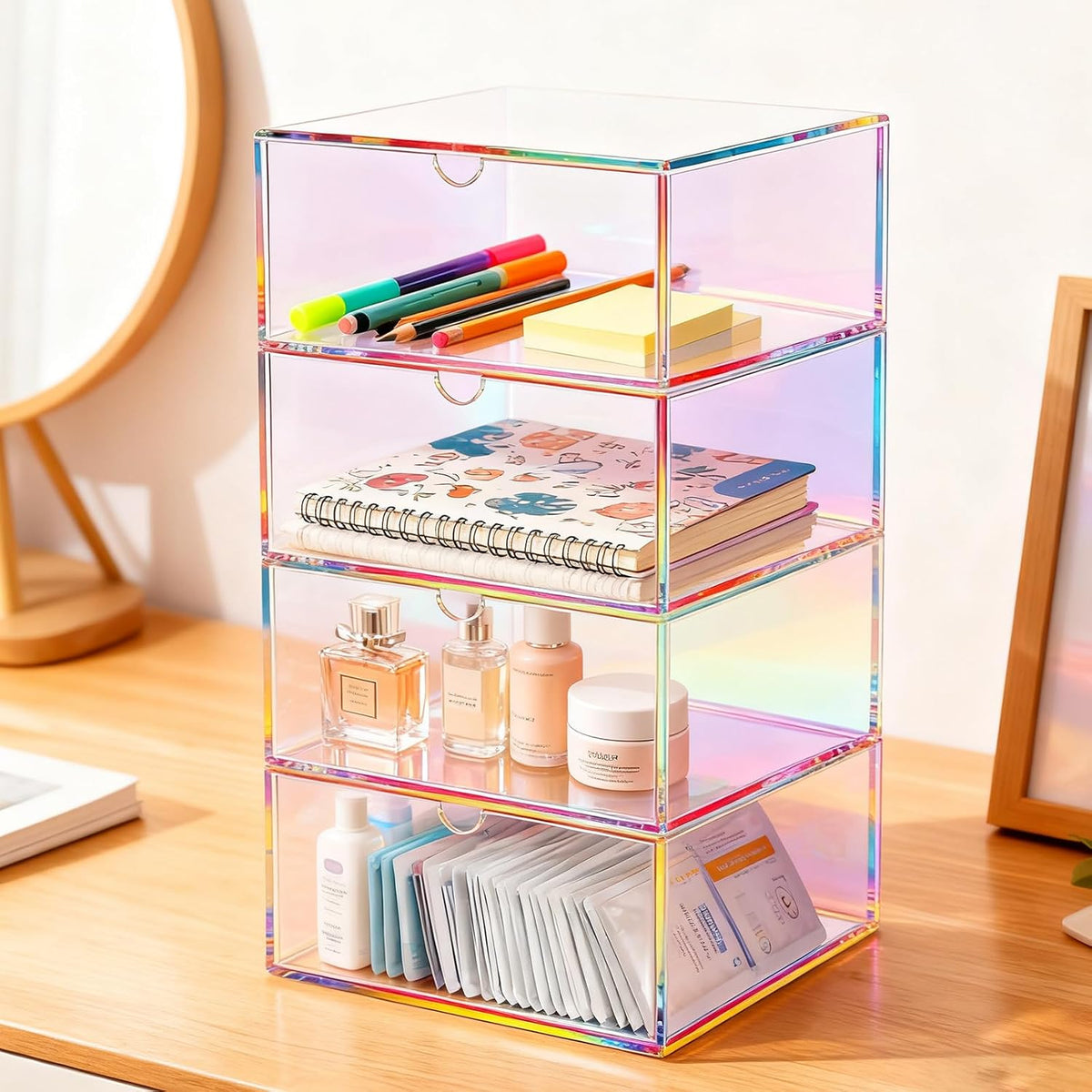 Acrylic Desk Organizer with Drawers Stackable Makeup Organizer for Vanity Office Countertop Cosmetic Display Cases Makeup Storage Box, Iridescent Rainbow