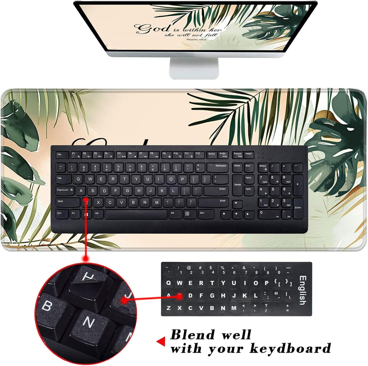 Keyboard Wrist Rest and Mouse Pad with Wrist Support Set Ergonomic Coaster,Memory Foam,Easy Typing Pain Relief,Large XL Desk Mat 31.5"x 11.8",Matcha Green Plant Abstract Bible Verse Psalm 46-5