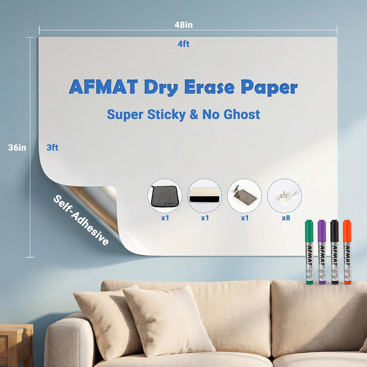 AFMAT White Board Dry Erase Paper, 48" x 36" Whiteboard Wallpaper, with 4 Markers, Stain-Proof & Super Sticky, No Ghost, 4' x 3' Peel and Stick Dry Erase Board Paper Roll for Wall/Home/Office