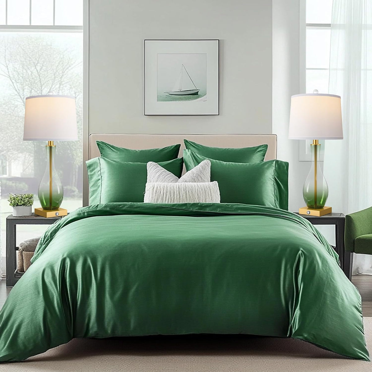 27" Glass Table Lamps Set of 2, Touch Dimming Nightstand Lamp with USB Port