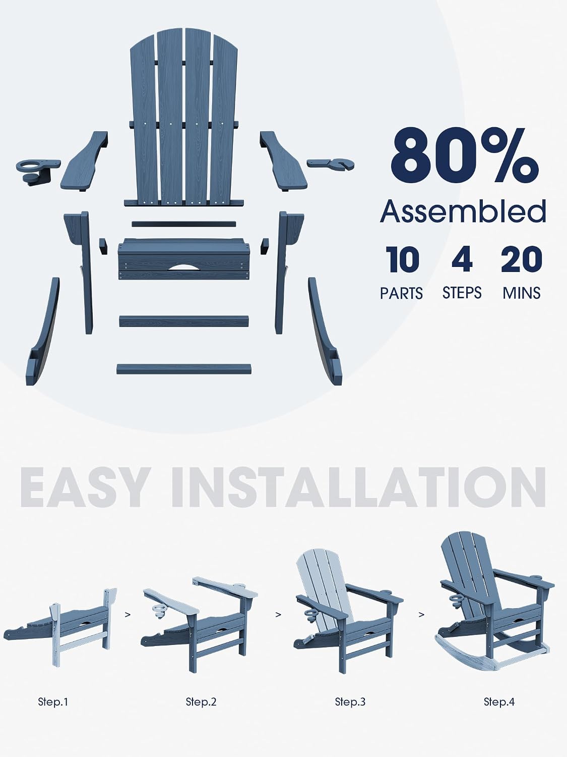 KINGYES HDPE Adirondack Rocking Chair with Footrest and Cup Holders