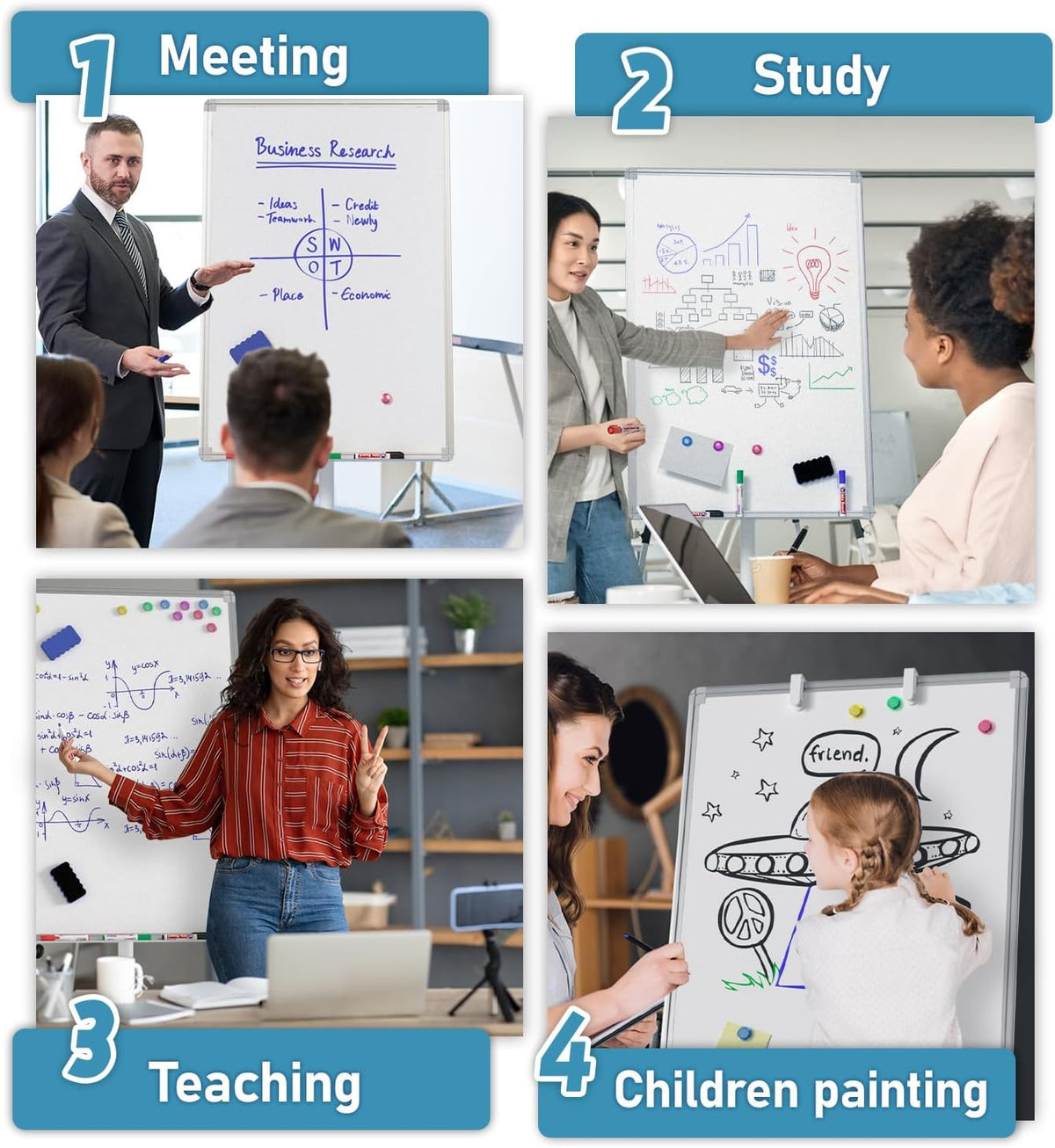 Nicpro Mobile Whiteboard 36"x 24" Magnetic Dry Erase Board, Height Standing
