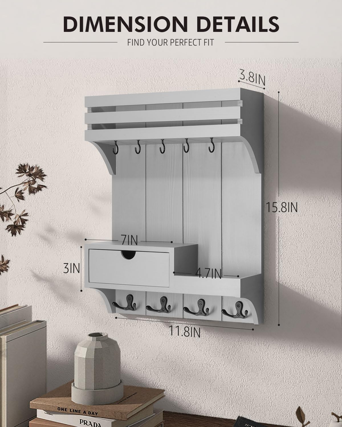 Rebee Vision Key Holder Wall Mount with Drawer & Shelf for Entryway, Gray