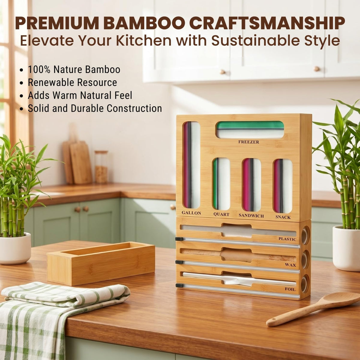 9 in 1 Storage Bag Organizer for Kitchen Drawer, Bamboo Foil and Plastic Wrap with Cutter, Ziplock Bag Organizer for Quart, Gallon, Sandwich & Snack Bags - Aluminum Foil Organizer