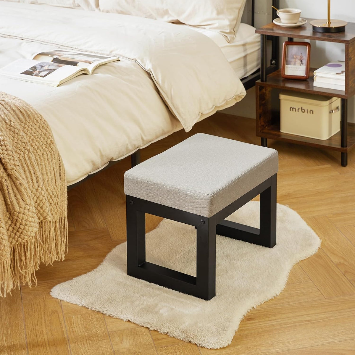IBUYKE Small Footstool Ottoman, Linen Fabric Footrest, Grey WBD001G