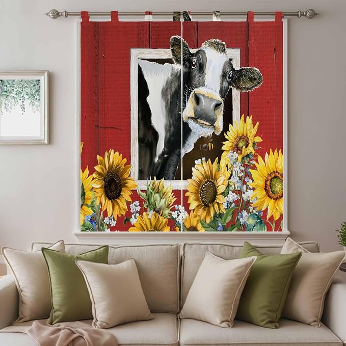 Cows Sunflowers Living Room Curtains 84 Inch Length, Window Curtains Tab Top