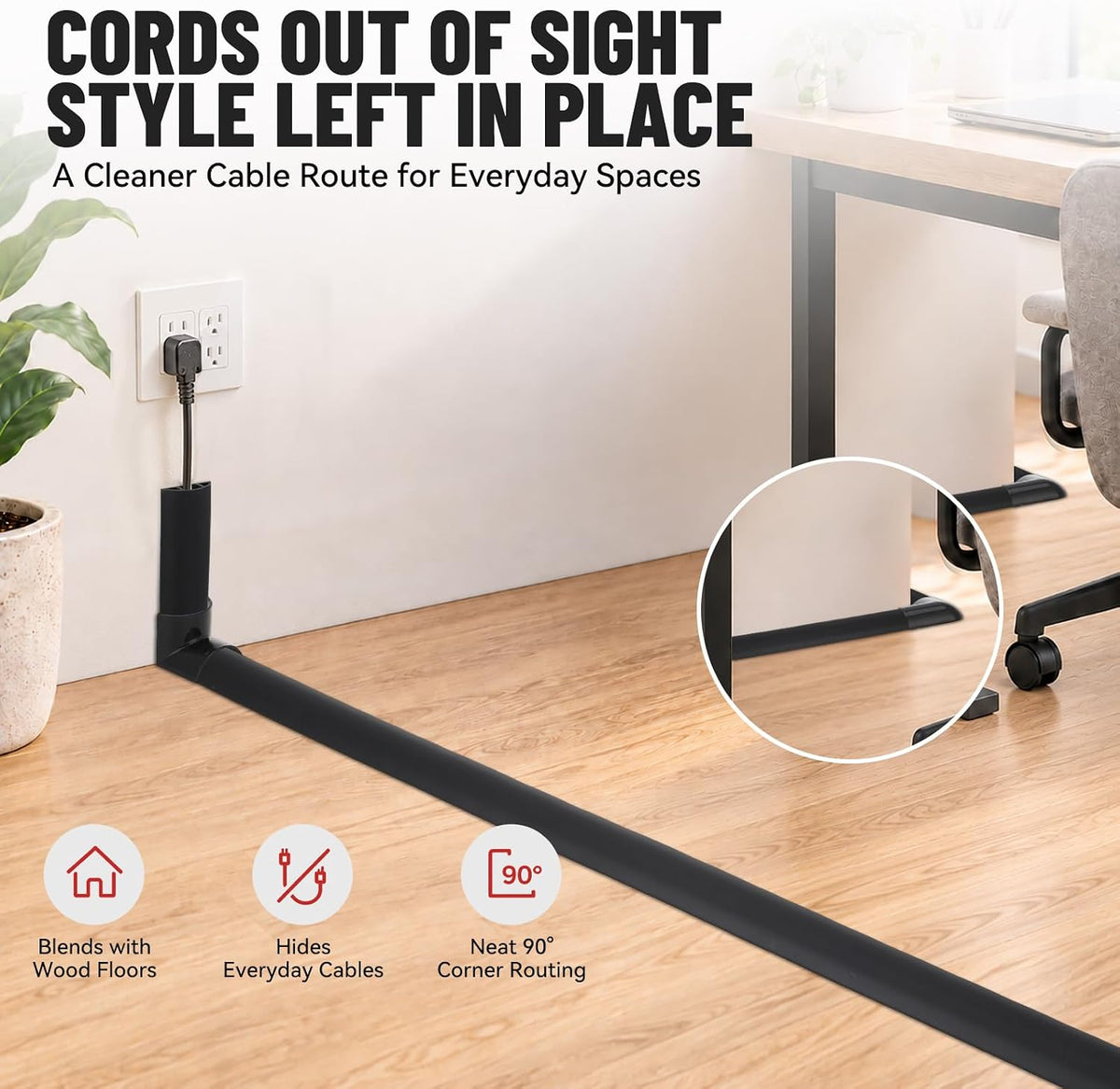 Floor Cord Cover Self Adhesive Cord Hider, Cable Management, Extension Strip Protector for Wires (Black, 1.18" x 20')