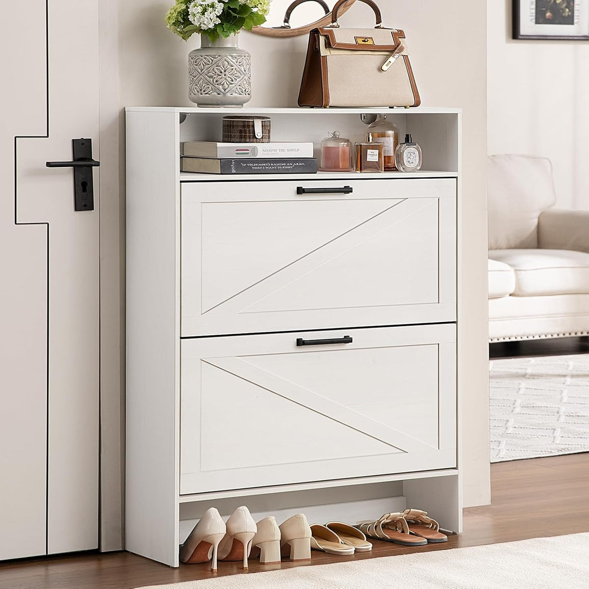 RWYHG Shoe Cabinet with 2 Flip Drawers, Narrow Entryway Organizer,White