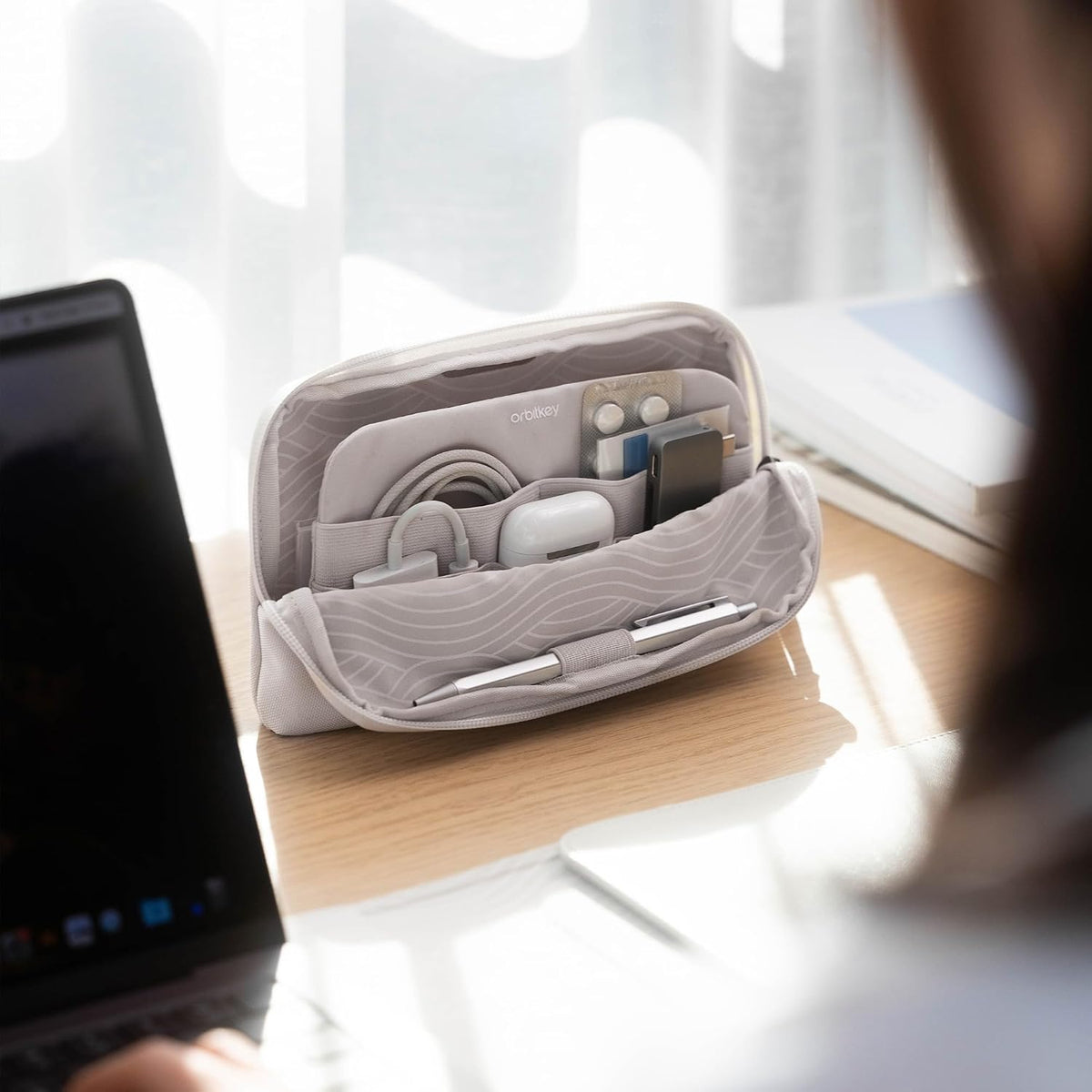 orbitkey KonMari Desk Pouch - Stone Portable Tech Organizer