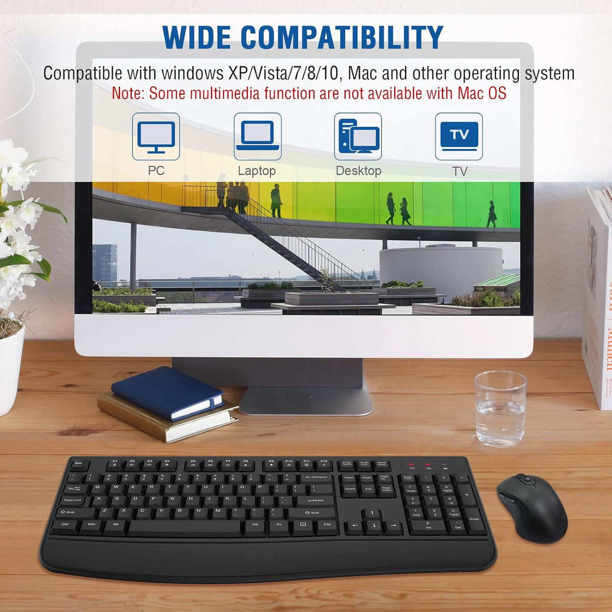 Wireless Keyboard and Mouse Combo, EDJO 2.4G Full-Sized Ergonomic Computer Keyboard with Wrist Rest and 3 Level DPI Adjustable Wireless Mouse for Windows, Mac OS Desktop/Laptop/PC