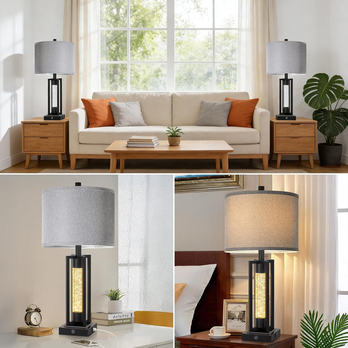 TOBUSA 26" Black Farmhouse Table Lamps Set of 2 with Crystal Night Light