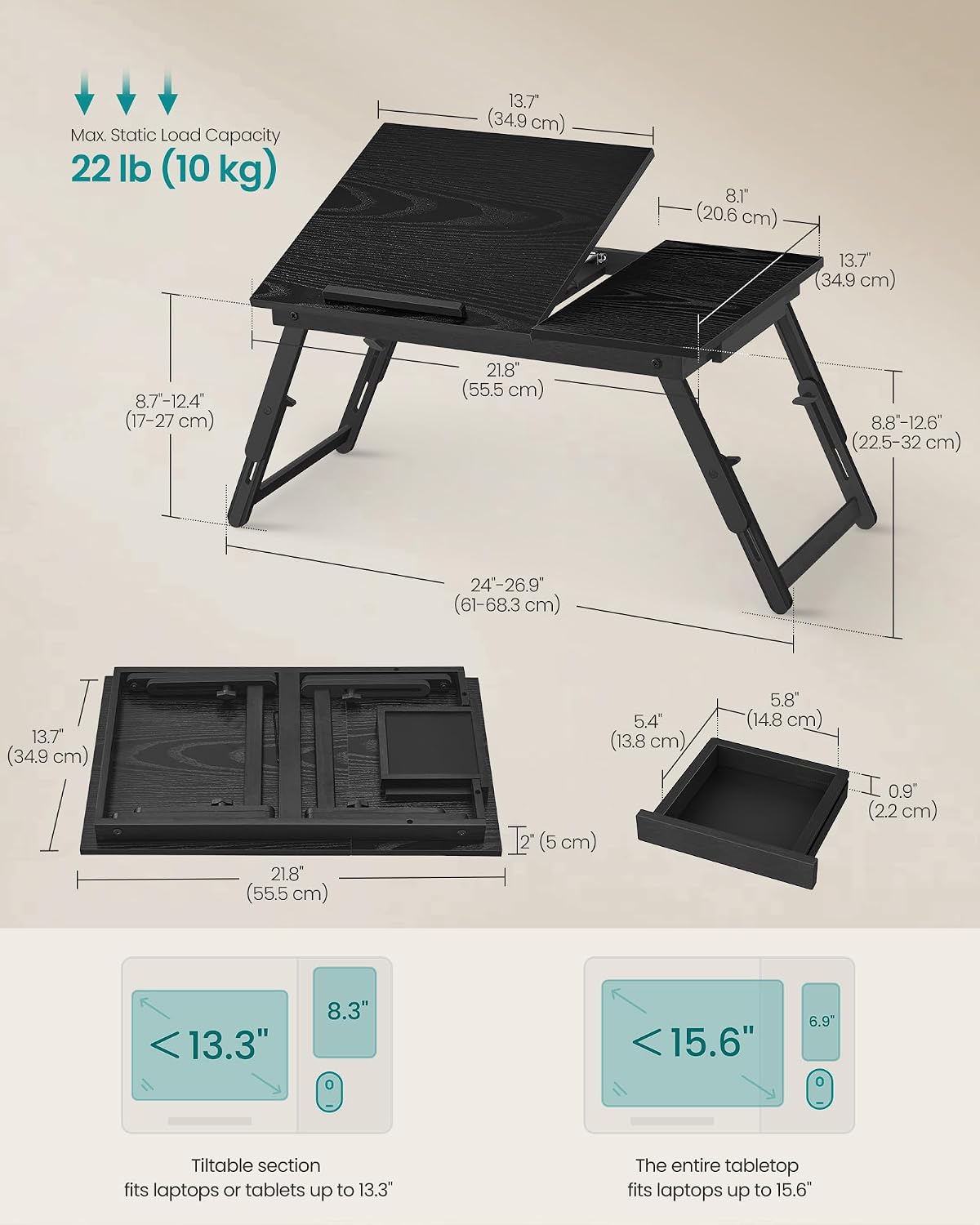 SONGMICS Bed Laptop Desk, Folding Bed Table Adjustable Angle and Height
