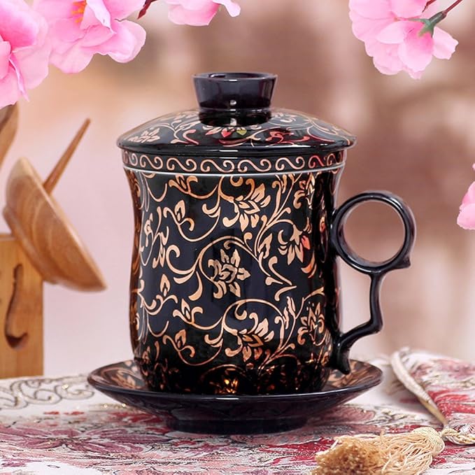Porcelain Tea Cup with Infuser Lid and Saucer Sets