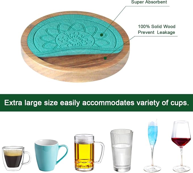 Wood Coasters for Drinks, Minacun Absorbent Coaster Sets of 5, Drinks Coasters