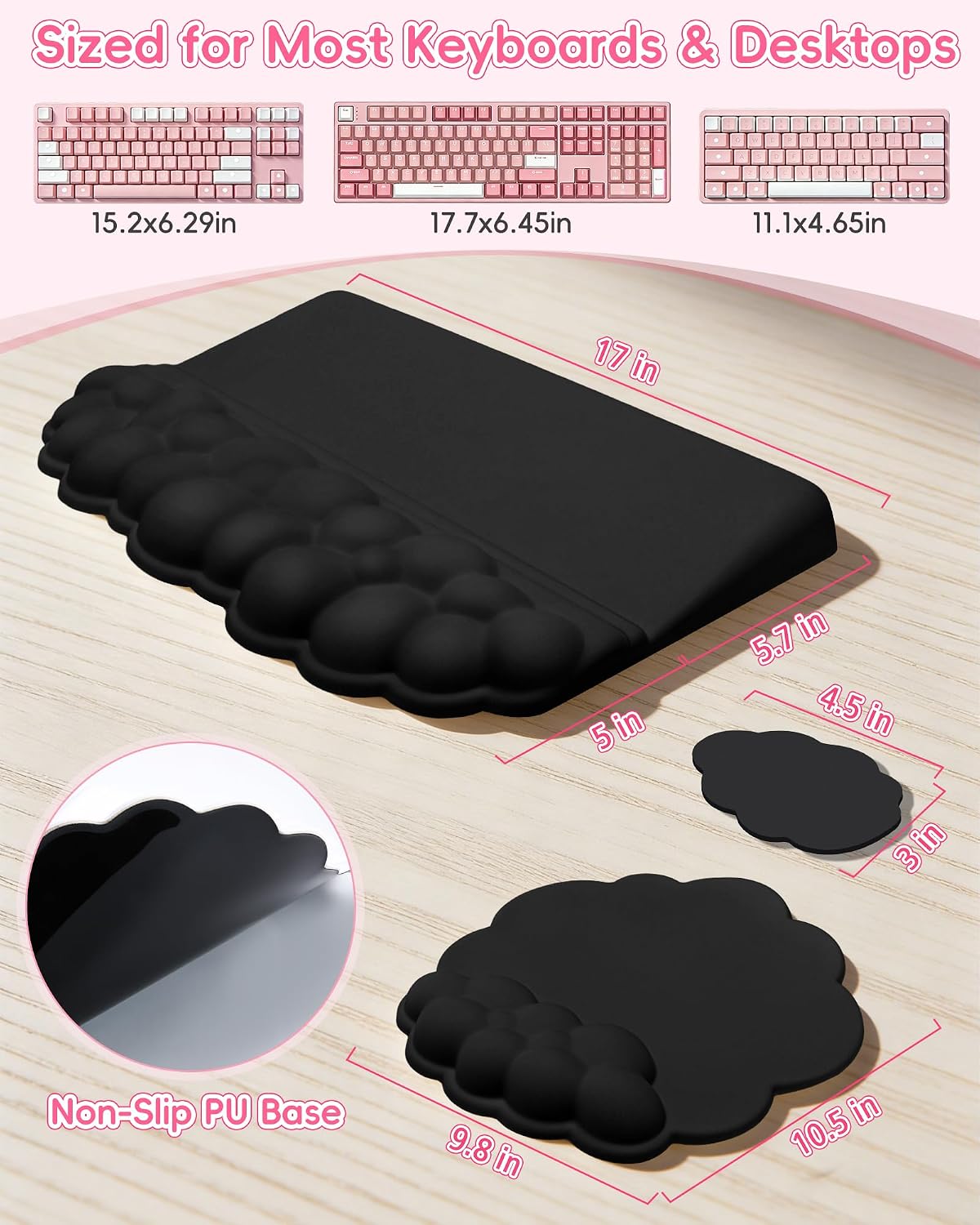 Ergonomic Cloud Wrist Rest Set for Keyboard and Mouse, Black