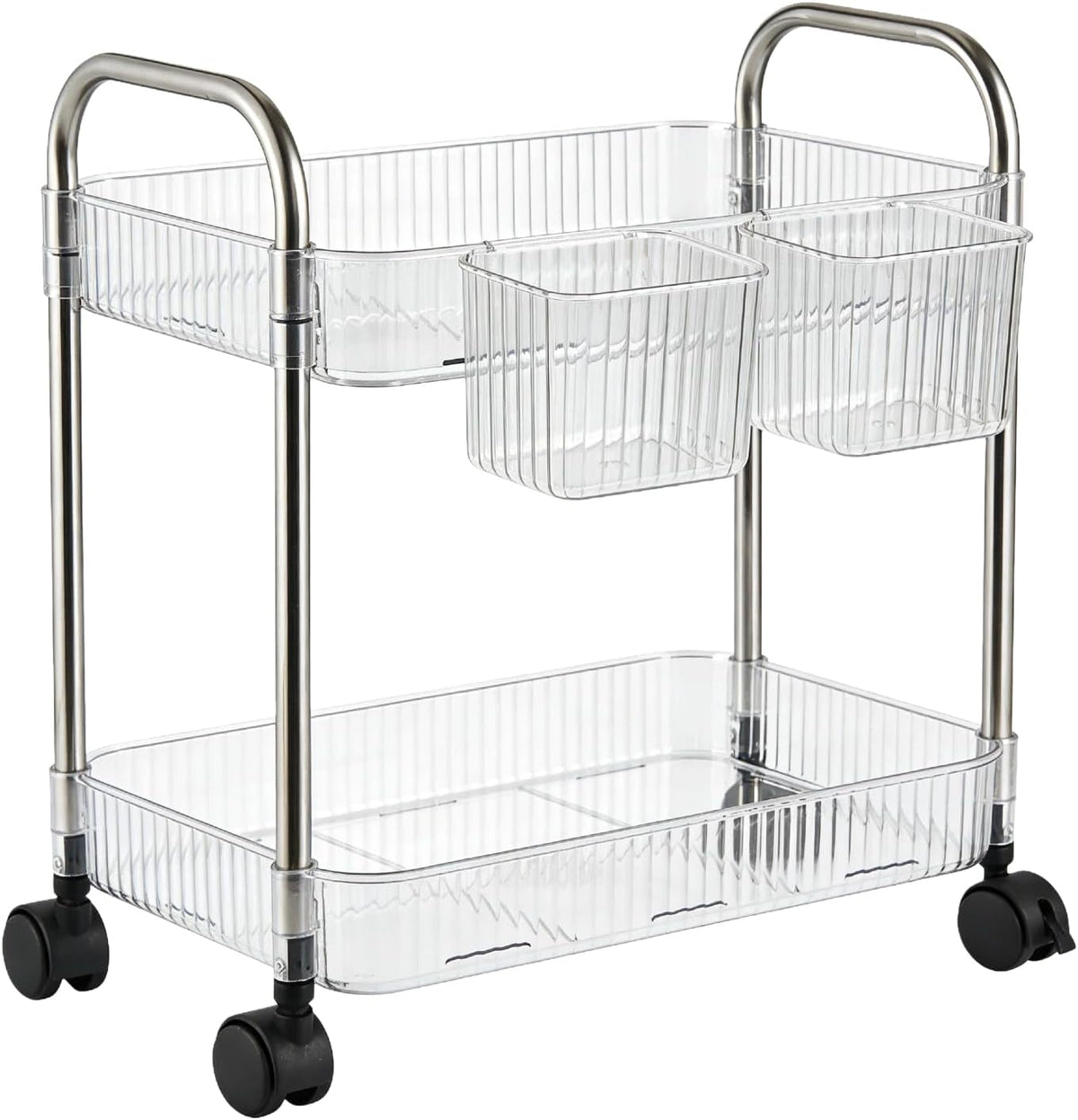 2 Tier Utility Rolling Cart with Wheels Sofa Side Table Small Under Desk Storage Organizer, Clear Acrylic Plastic Mobile Trolley Organization Storage Cart for Kitchen Pantry Bathroom Vanity