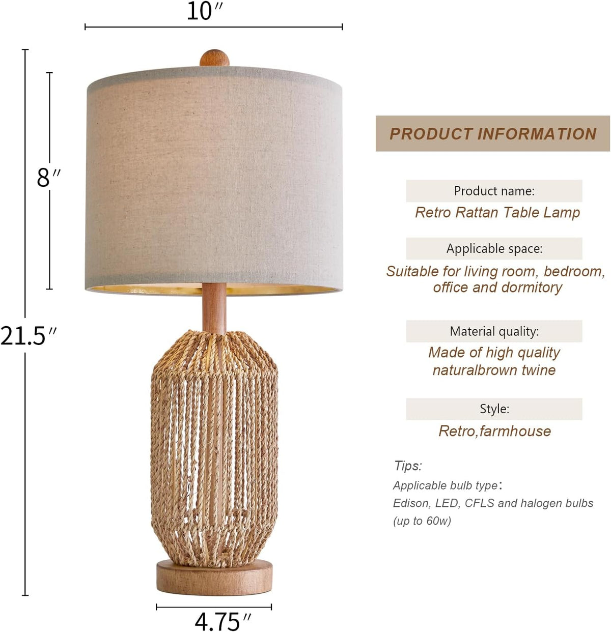 OYEARS 21" Boho Table Lamp for Living Room, Bedside Lamp for Nightstands, Rattan Lamp for Bedroom, Farmhouse Table Lamp for Room Decor, End Table, Retro, Brown, 1 Pack