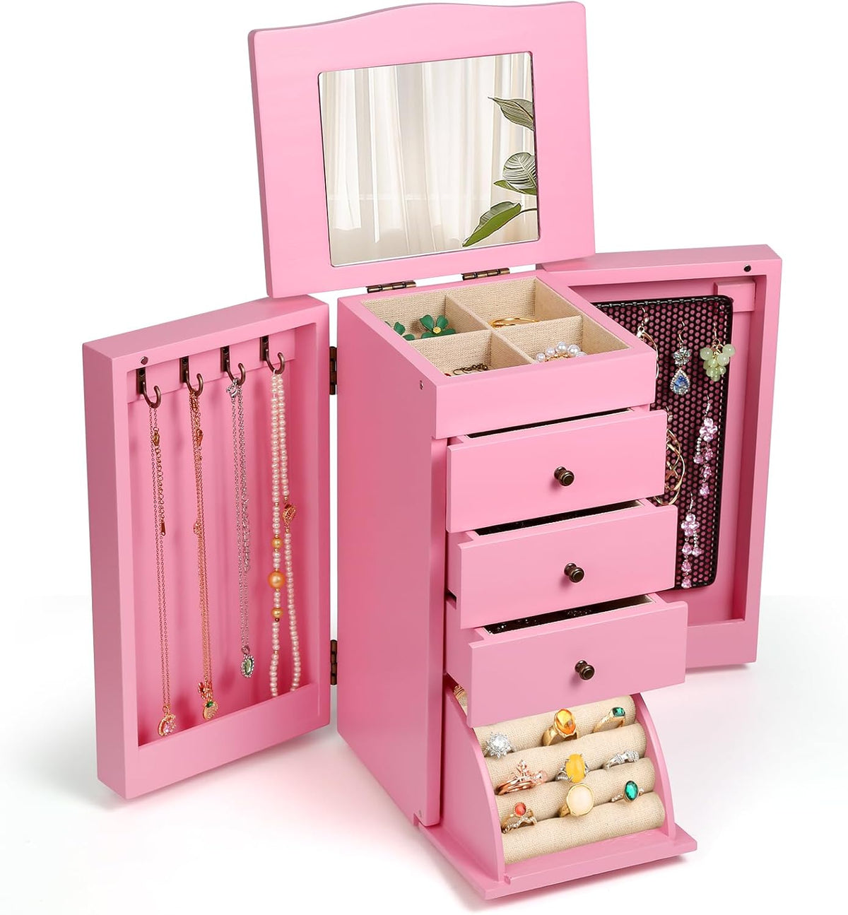 Meangood Jewelry Box Jewelry Organizer, 5-Layer Wooden Jewelry Organizers and Storage Boxes for Women Girls, Ring Earring Bracelet Necklace Holder Organizer with Mirror & Drawers (Pink)