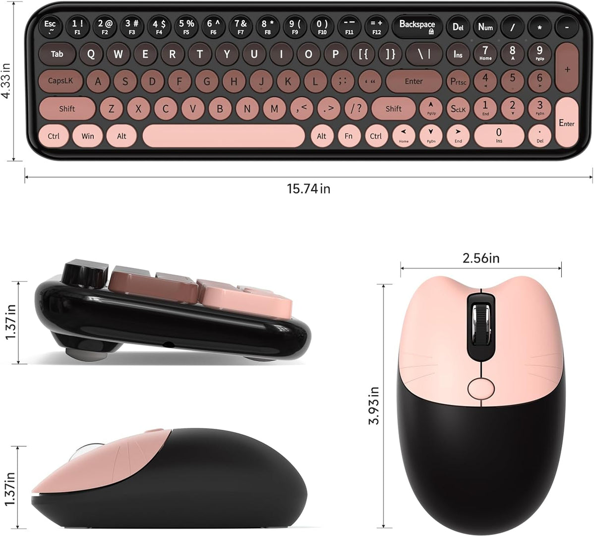 Wireless Keyboard and Mouse Combo, MOWUX Compact Typewriter Retro Round Computer Keyboard, Cute Optical Mouse Wireless, Plug and Play, for Laptop, PC, Computer- BlackBerry Gradient