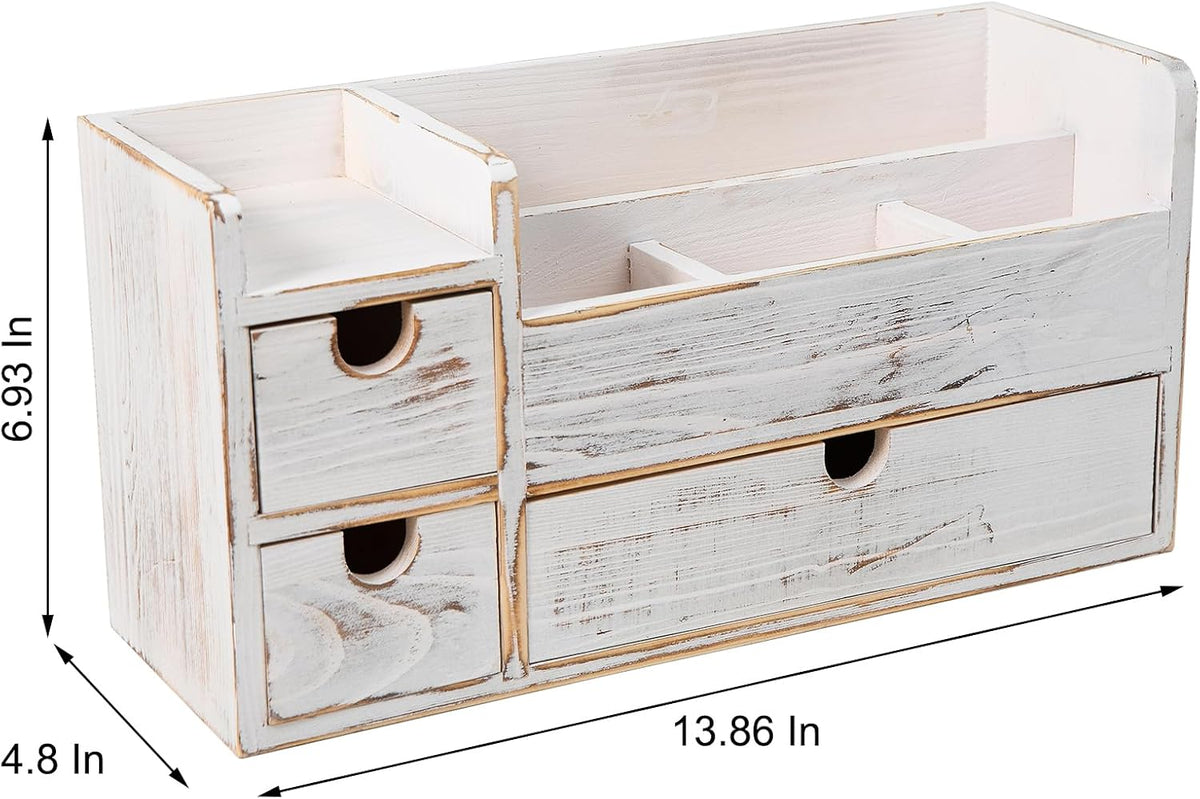 White Wooden Desktop Organizer 3 Removable Drawers Office Supplies Wood Storage Caddy Box Stationery Pencil Multiple Cabinet Slots Mail Holder Note Pads Accessories Home Makeup Tools Cosmetics