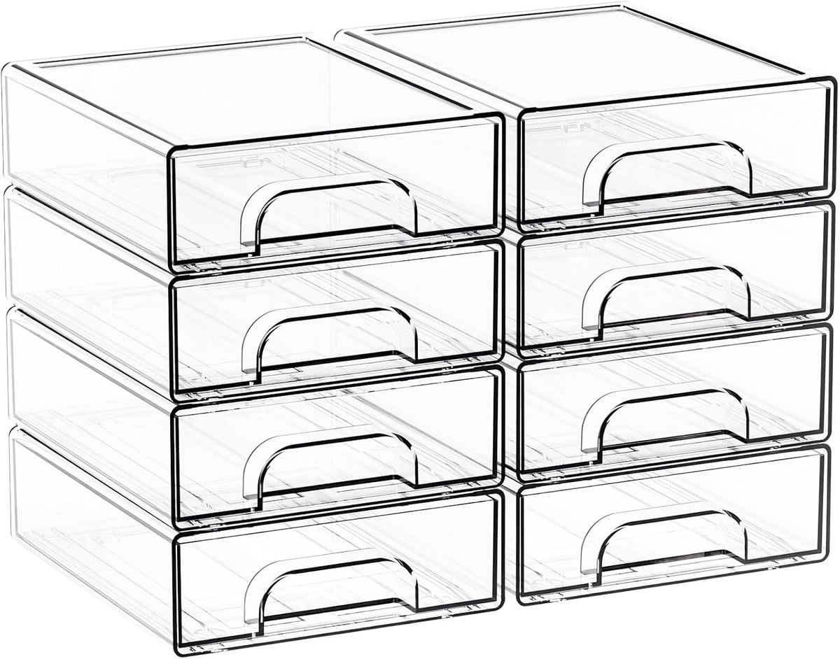 Yieach 2.2'' Tall Acrylic Clear Stackable Storage Drawer Organizer,8 Pack Desk Organization and Storage,Plastic Office Supply Organizer,Drawer Storage Organizer for Makeup,Accessory,Pen,Art Crafts